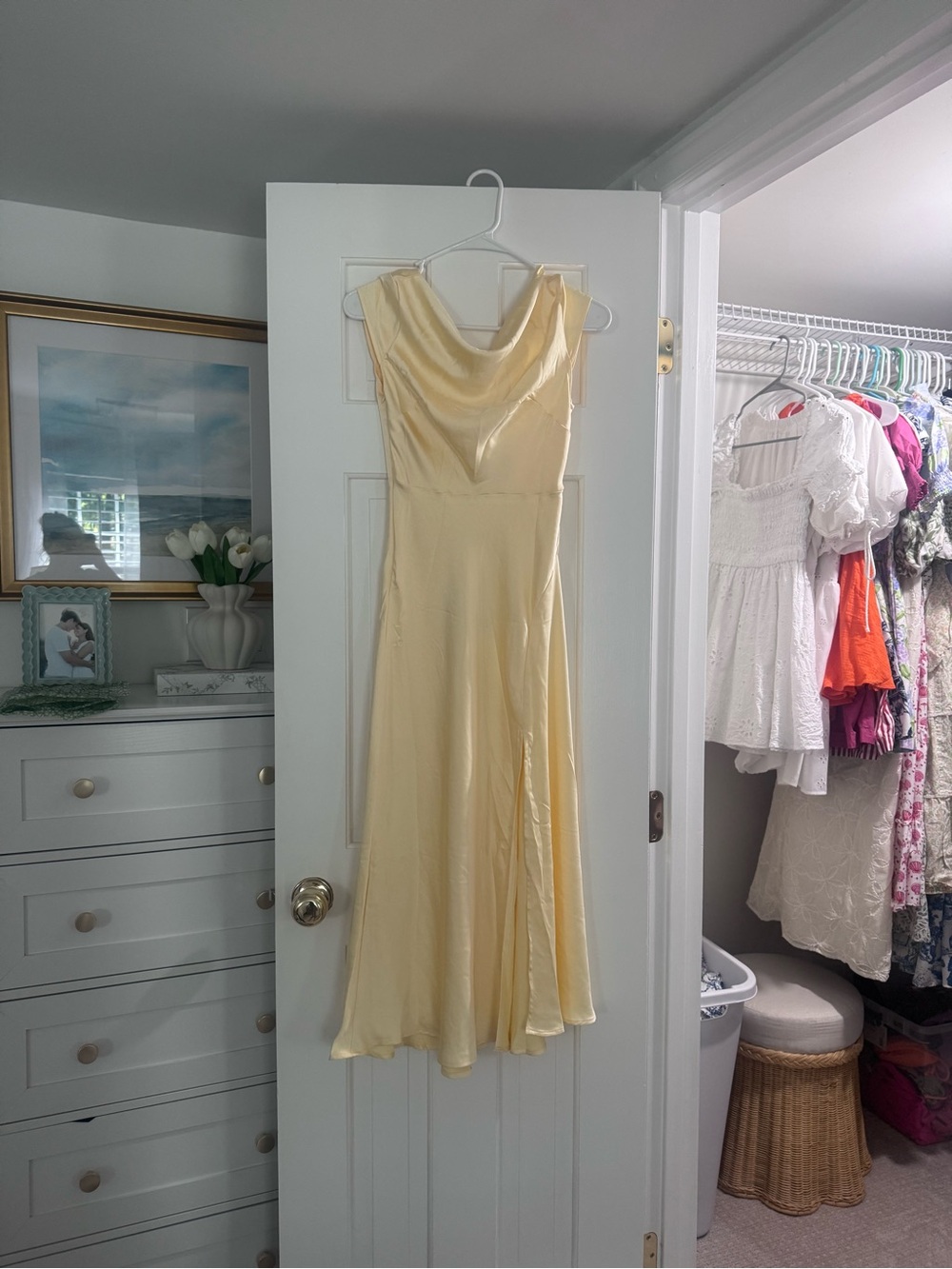 Yellow Satin Cowl Neck Women's Dress